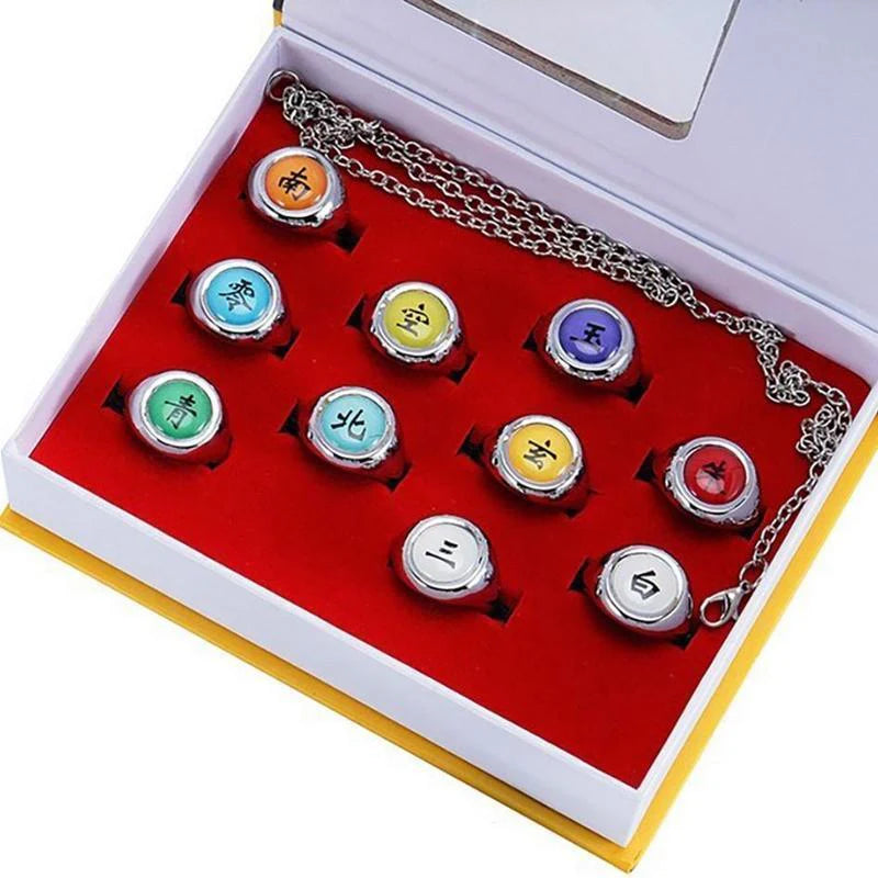 Naruto Akatsuki Rings Set 10Pcs with Chain Cosplay Itachi Sharingan Box Anime