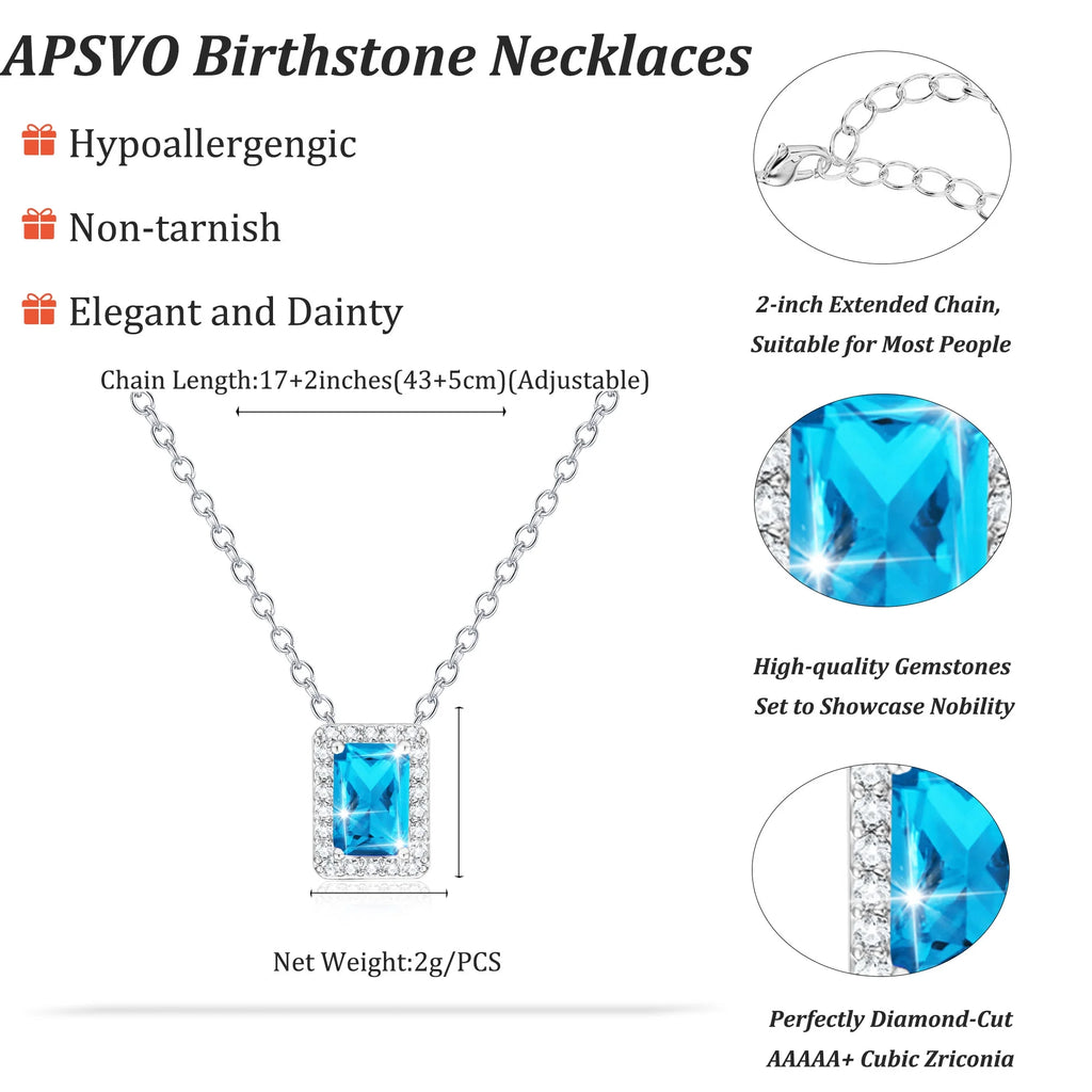 Rectangle Necklaces for Women Girls CZ S925 Sterling Silver March Birthstone Pendant with Blue Aquamarine Birthday Valentines Day Jewelry Gifts Teen Her Mom Adults Wife Girlfriend Kids Ideas