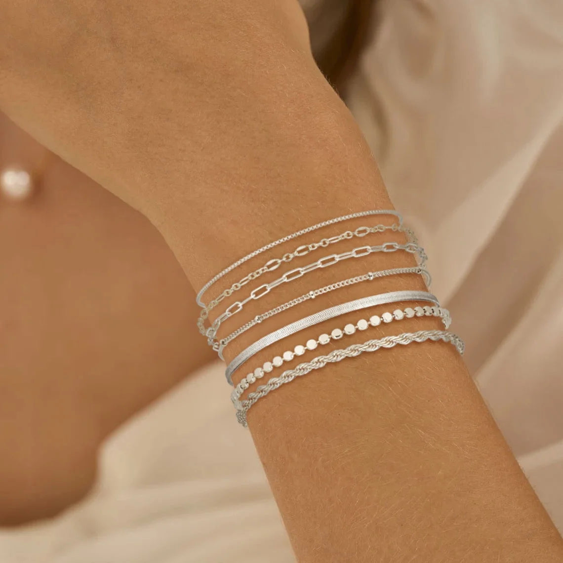 Silver Plated Bracelets for Women Stack Set Trendy Stackable Non Tarnish Paperclip Chain Bracelets for Women