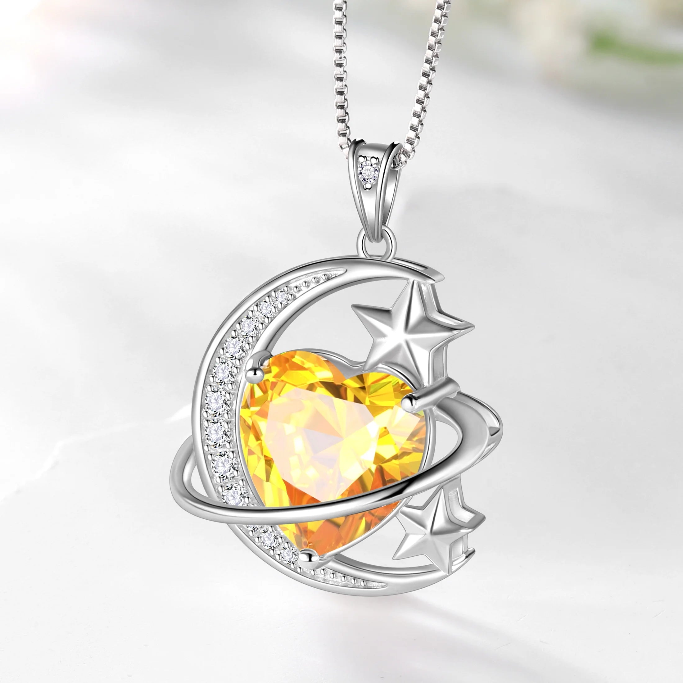13MM Women Moon and Star Necklace Heart November Birthstone 925 Sterling Silver Sun and Moon Necklace Pendant Yellow Citrine Jewelry Christmas Valentines Mother'S Day Gift
